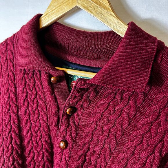 Oscar Jacobson Wine Wool Cable Knit Wind Stopper Collared Golf Sweater Sz L - Picture 5 of 14